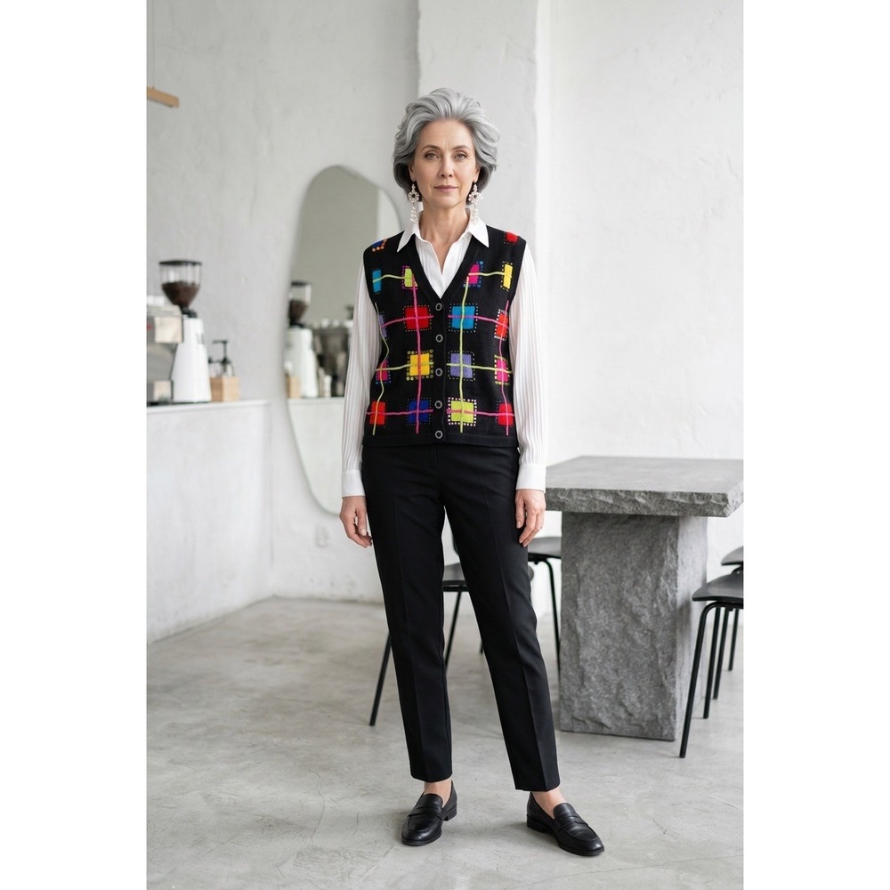 Berek Takako Sakon Vintage Knit Vest Black Multicolor Sequin Beaded Geometric M